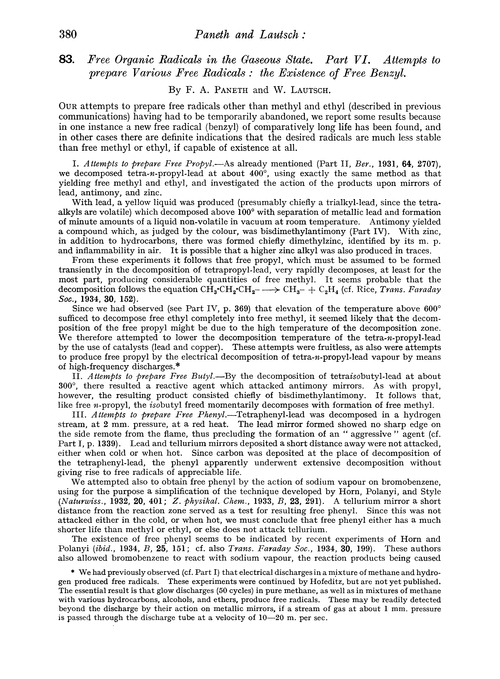 83. Free organic radicals in the gaseous state. Part VI. Attempts to prepare various free radicals : the existence of free benzyl