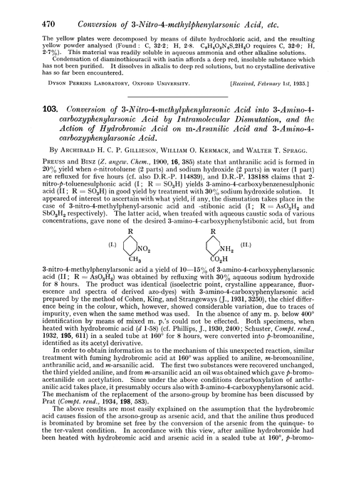 103. Conversion of 3-nitro-4-methylphenylarsonic acid into 3-amino-4-carboxyphenylarsonic acid by intramolecular dismutation, and the action of hydrobromic acid on m-arsanilic acid and 3-amino-4-carboxyphenylarsonic acid