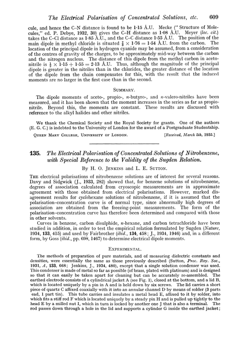 135. The electrical polarisation of concentrated solutions of nitrobenzene, with special reference to the validity of the Sugden relation