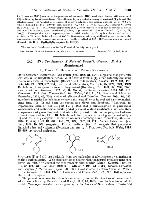 141. The constituents of natural phenolic resins. Part I. Matairesinol