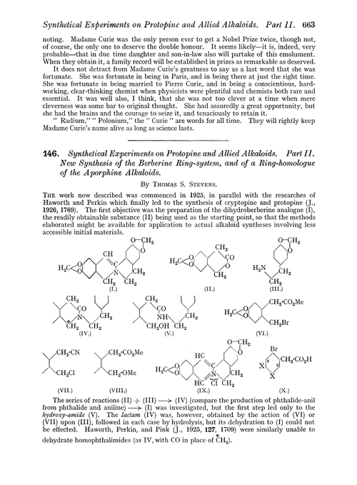 146. Synthetical experiments on protopine and allied alkaloids. Part II. New synthesis of the berberine ring-system, and of a ring-homologue of the aporphine alkaloids