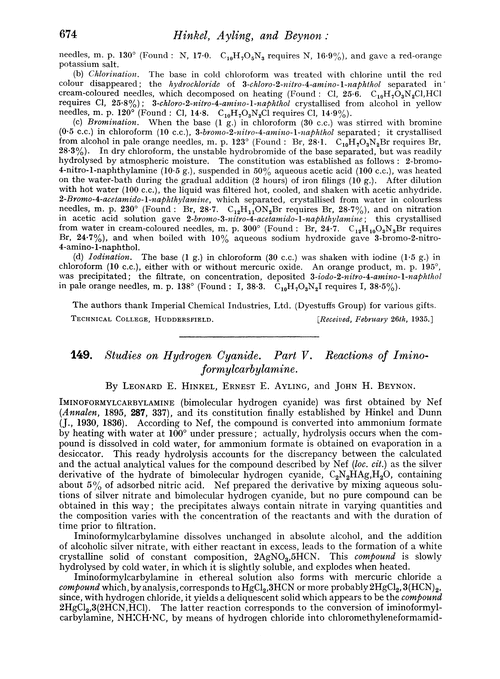149. Studies on hydrogen cyanide. Part V. Reactions of iminoformylcarbylamine