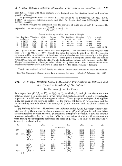 176. A simple relation between molecular polarisation in solution and the dielectric constant of the solvent