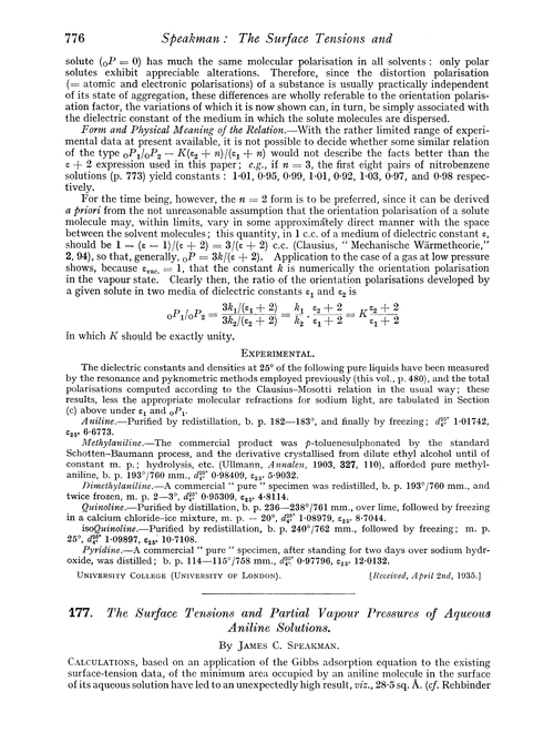 177. The surface tensions and partial vapour pressures of aqueous aniline solutions