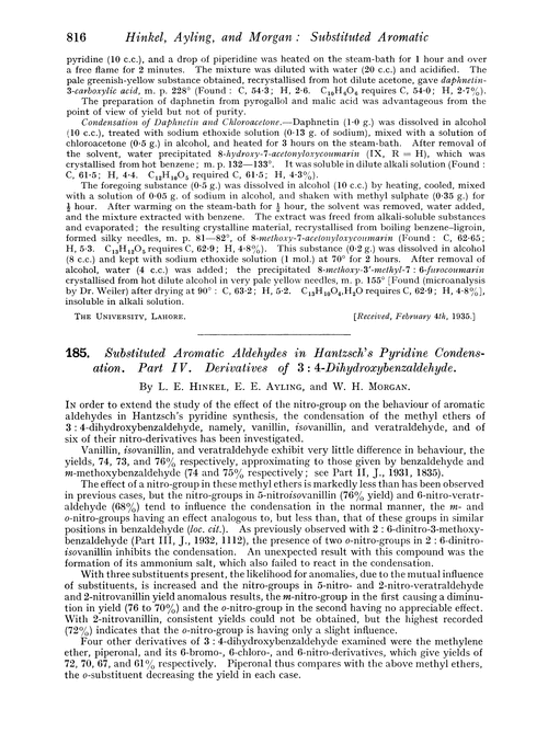 185. Substituted aromatic aldehydes in Hantzsch's pyridine condensation. Part IV. Derivatives of 3 : 4-dihydroxybenzaldehyde
