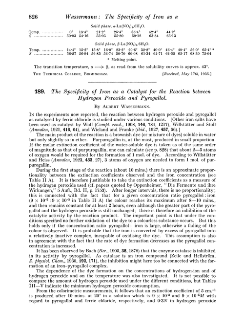 189. The specificity of iron as a catalyst for the reaction between hydrogen peroxide and pyrogallol