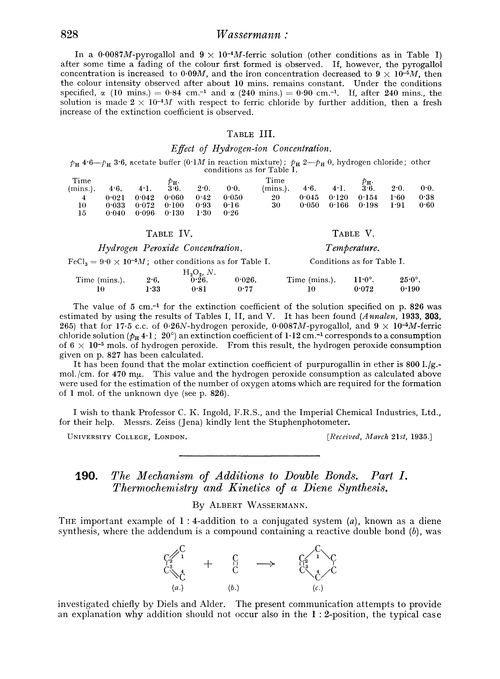 190. The mechanism of additions to double bonds. Part I. Thermochemistry and kinetics of a diene synthesis