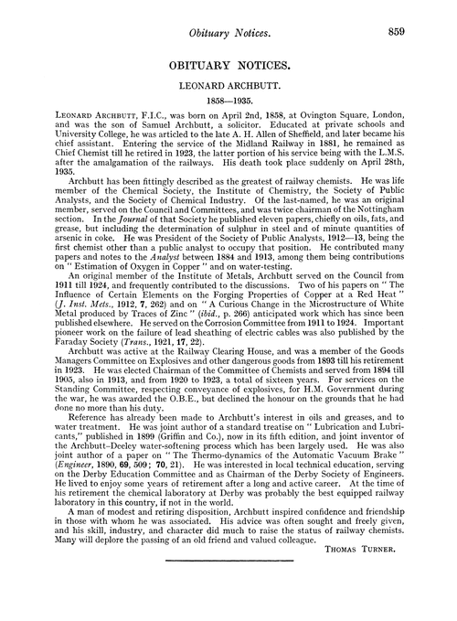 Obituary notices: Leonard Archbutt, 1858–1935; James Munsie Bell, 1880–1934; Giuseppe Grassi Cristaldi, 1860–1934; William Thomas Gent, 1855–1934; Arthur William Nunn, 1867–1935; Sven Ludvig Alexander Odén, 1887–1934; Allan Winter Rowe, 1879–1934