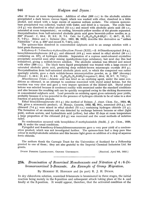 214. Bromination of resorcinol monobenzoate and nitration of 4 : 6-dibromoresorcinol 3-benzoate. An example of group migration