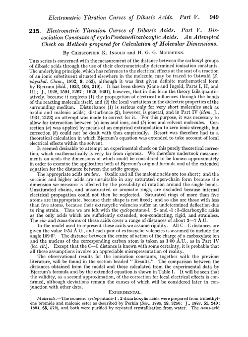 215. Electrometric titration curves of dibasic acids. Part V. Dissociation constants of cyclopentanedicarboxylic acids. An attempted check on methods proposed for calculation of molecular dimensions