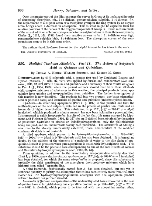 220. Modified cinchona alkaloids. Part II. The action of sulphuric acid on quinine and quinidine