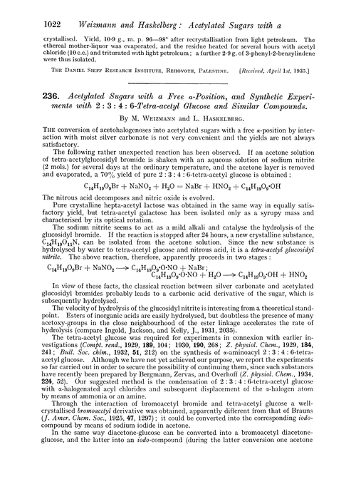236. Acetylated sugars with a free α-position, and synthetic experiments with 2 : 3 : 4 : 6-tetra-acetyl glucose and similar compounds
