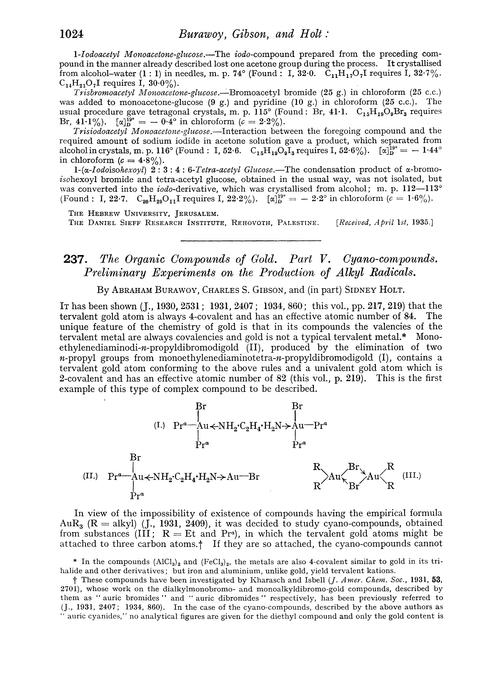 237. The organic compounds of gold. Part V. Cyano-compounds. Preliminary experiments on the production of alkyl radicals
