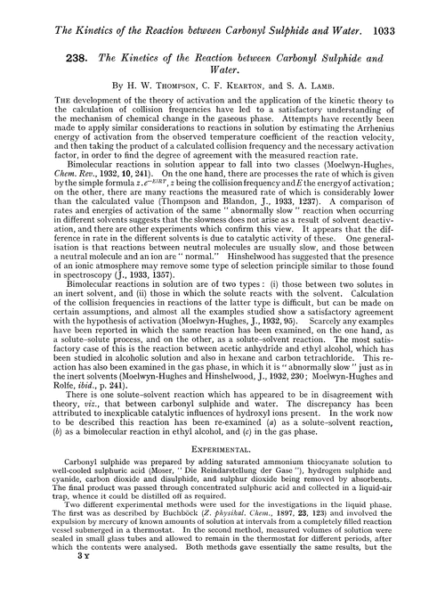 238. The kinetics of the reaction between carbonyl sulphide and water