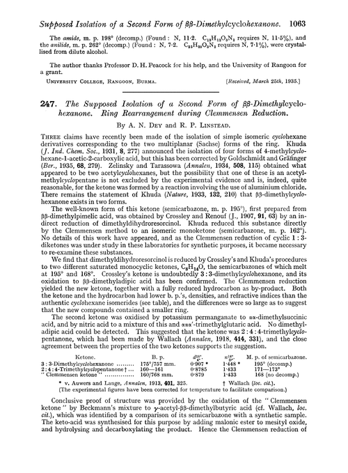 247. The supposed isolation of a second form of ββ-dimethylcyclo-hexanone. Ring rearrangement during Clemmensen reduction