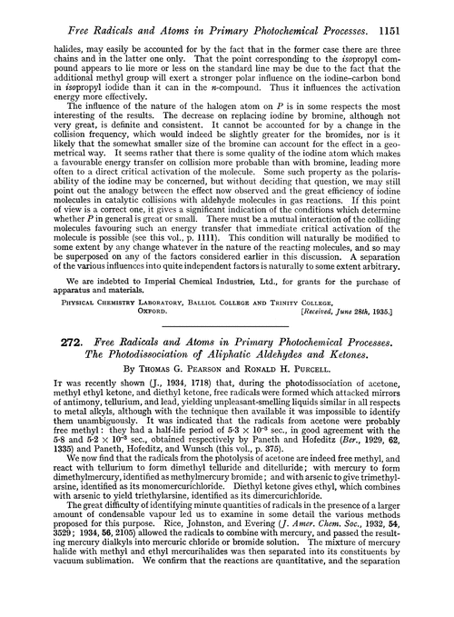 272. Free radicals and atoms in primary photochemical processes. The photodissociation of aliphatic aldehydes and ketones