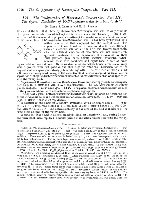 301. The configuration of heteocyclic compounds. Part III. The optical resolution of 10-ethylphenoxarsine-2-carboxylic acid