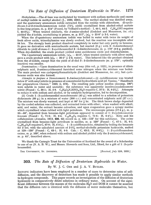 303. The rate of diffusion of deuterium hydroxide in water