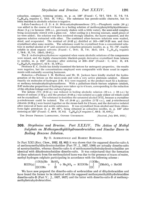 309. Strychnine and brucine. Part XXXIV. The action of methyl sulphate on methoxymethyldihydroneobrucidine and similar bases in boiling benzene solution