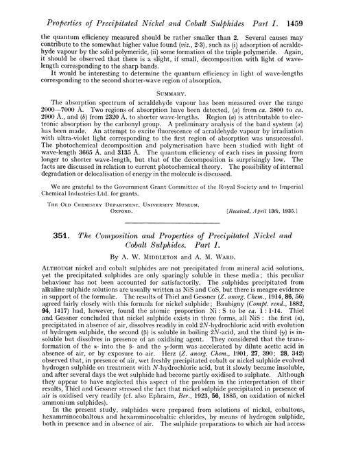 351. The composition and properties of precipitated nickel and cobalt sulphides. Part I