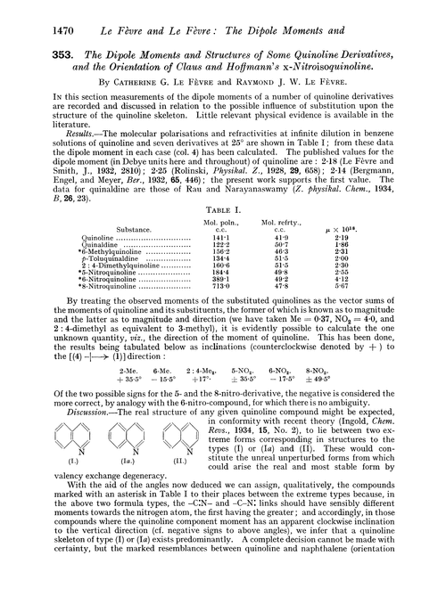 353. The dipole moments and structures of some quinoline derivatives, and the orientation of Claus and Hoffmann's x-nitroisoquinoline