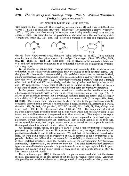 378. The azo-group as a chelating group. Part I. Metallic derivatives of o-hydroxyazo-compounds