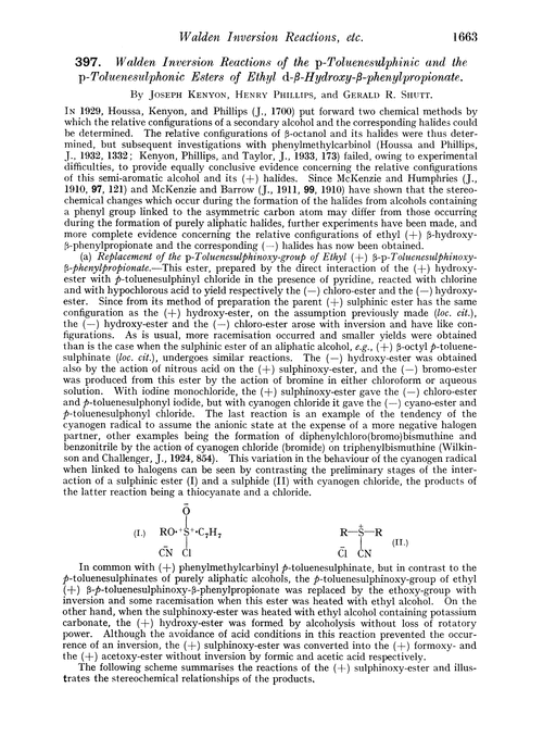 397. Walden inversion reactions of the p-toluenesulphinic and the p-toluenesulphonic esters of ethyl d-β-hydroxy-β-phenylpropionate