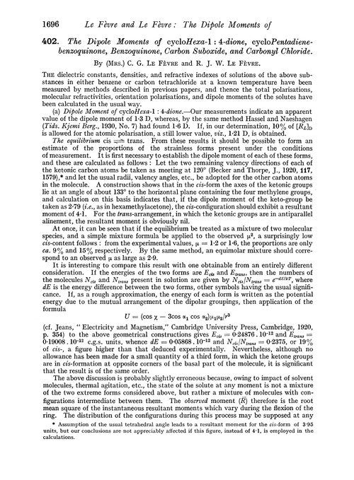 402. The dipole moments of cyclohexa-1 : 4-dione, cyclopentadiene-benzoquinone, benzoquinone, carbon suboxide, and carbonyl chloride