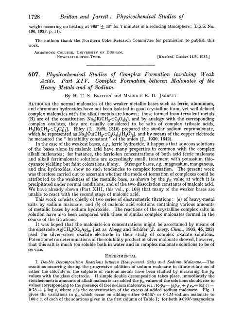 407. Physicochemical studies of complex formation involving weak acids. Part XIV. Complex formation between malonates of the heavy metals and of sodium