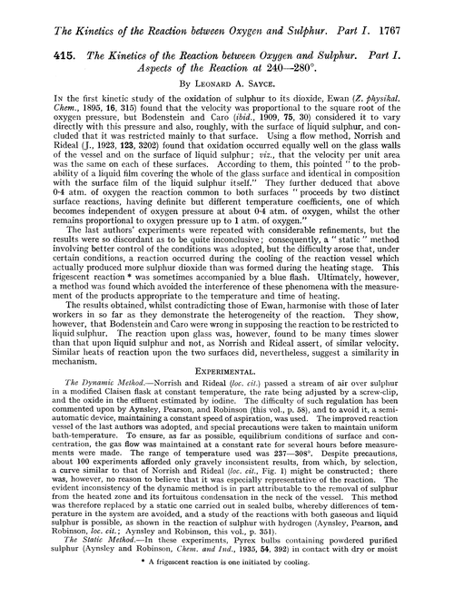 415. The kinetics of the reaction between oxygen and sulphur. Part I. Aspects of the reaction at 240–280°