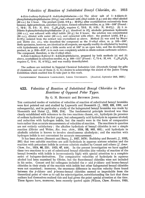422. Velocities of reaction of substituted benzyl chlorides in two reactions of opposed polar types