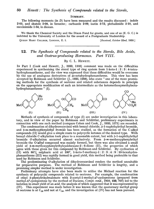 12. The synthesis of compounds related to the sterols, bile acids, and oestrus-producing hormones. Part VIII