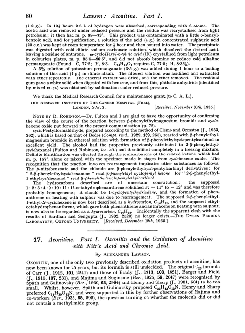 17. Aconitine. Part I. Oxonitin and the oxidation of aconitine with nitric acid and chromic acid