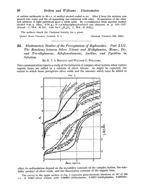 22. Electrometric studies of the precipitation of hydroxides. Part XIII. The reactions between silver nitrate and methylamine, mono-, di-, and tri-ethylamine, ethylenediamine, aniline, and pyridine in solution