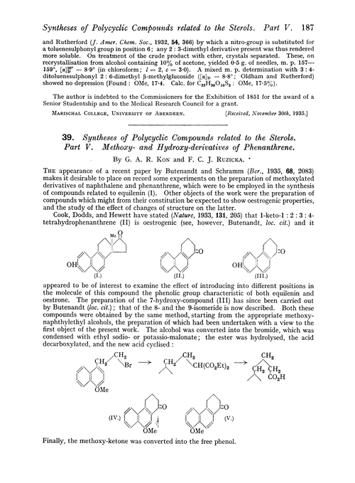 39. Syntheses of polycyclic compounds related to the sterols. Part V. Methoxy- and hydroxy-derivatives of phenanthrene