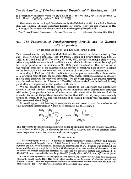 41. The preparation of tetrahydrofurfuryl bromide and its reaction with magnesium