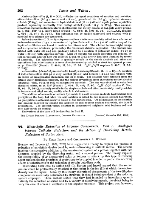 44. Electrolytic reduction of organic compounds. Part I. Analogies between cathodic reduction and the action of dissolving metals. Reduction of sorbic acid