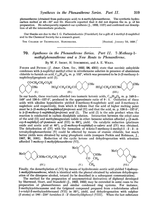 70. Syntheses in the phenanthrene series. Part II. 7-Methoxy-1-methylphenanthrene and a new route to phenanthrene