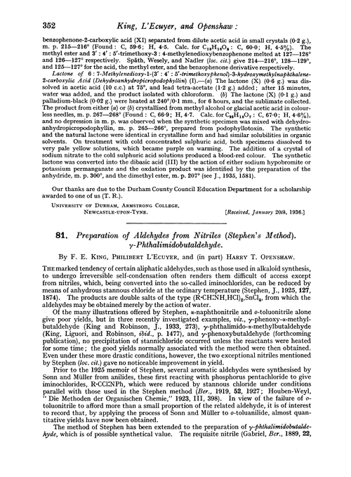 81. Preparation of aldehydes from nitriles (Stephen's method). γ-Phthalimidobutaldehyde