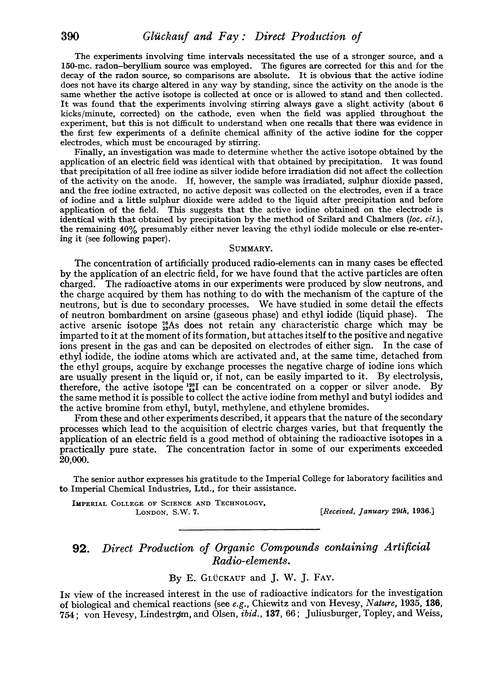 92. Direct production of organic compounds containing artificial radio-elements