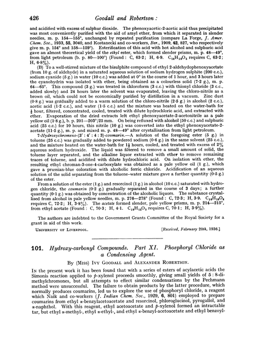 101. Hydroxy-carbonyl compounds. Part XI. Phosphoryl chloride as a condensing agent