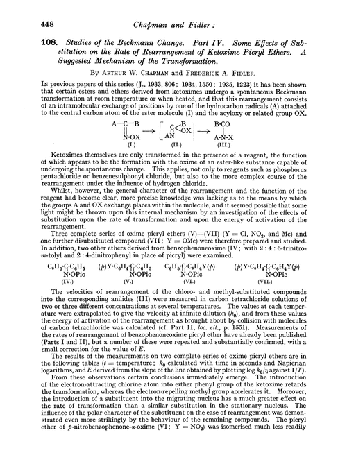 108. Studies of the Beckmann change. Part IV. Some effects of substitution on the rate of rearrangement of ketoxime picryl ethers. A suggested mechanism of the transformation