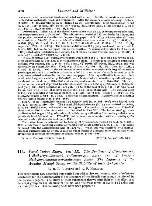 114. Fused carbon rings. Part IX. The synthesis of stereoisomeric 1-methylcyclohexane-1 : 2-dicarboxylic acids and of various methylcyclohexanecarboxylicacetic acids. The influence of the angular methyl group on the stability of their anhydrides