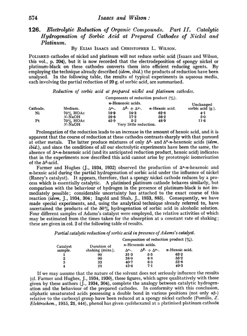 126. Electrolytic reduction of organic compounds. Part II. Catalytic hydrogenation of sorbic acid at prepared cathodes of nickel and platinum