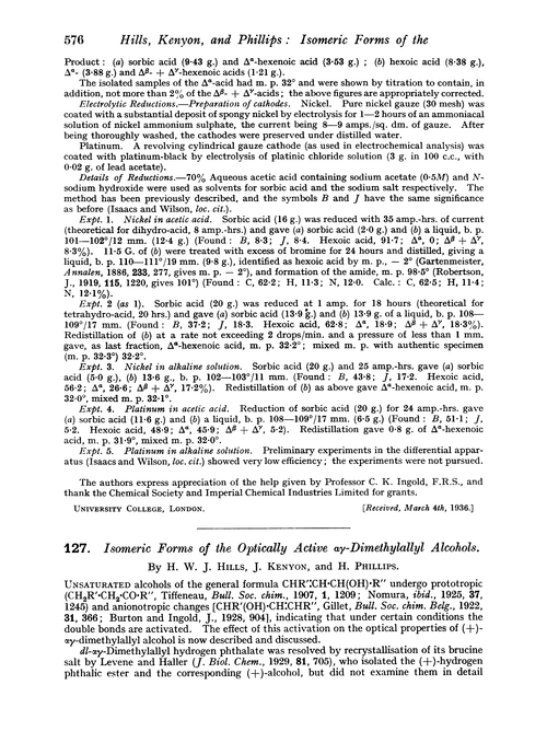 127. Isomeric forms of the optically active αγ-dimethylallyl alcohols