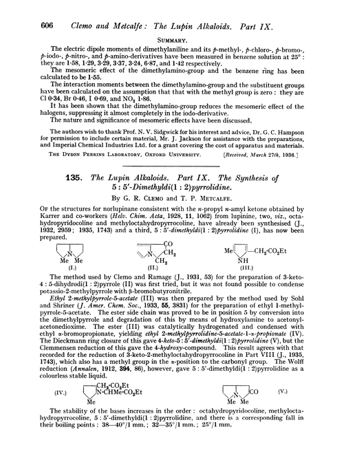 135. The lupin alkaloids. Part IX. The synthesis of 5 : 5′-dimethyldi(1 : 2)pyrrolidine