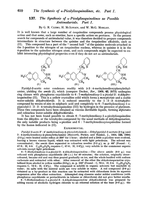 137. The synthesis of α-picolylisoquinolines as possible antimalarials. Part I