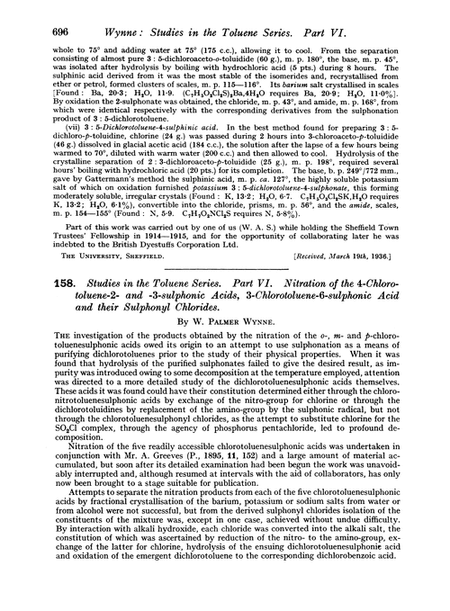 158. Studies in the toluene series. Part VI. Nitration of the 4-chlorotoluene-2- and -3-sulphonic acids, 3-chlorotoluene-6-sulphonic acid and their sulphonyl chlorides