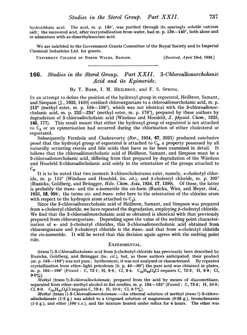 166. Studies in the sterol group. Part XXII. 3-Chloroallonorcholanic acid and its epimeride