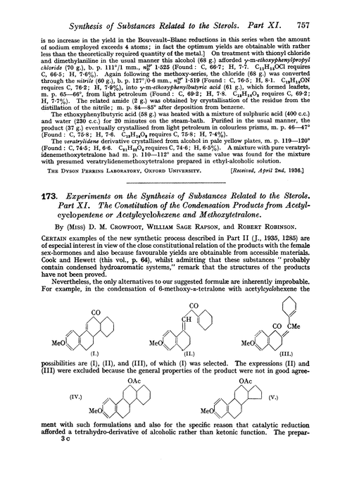 173. Experiments on the synthesis of substances related to the sterols. Part XI. The constitution of the condensation products from acetylcyclopentene or acetylcyclohexene and methoxytetralone